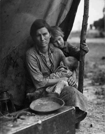 Migrant agricultural worker's family. Seven hungry children. Mother aged 32, the father is a native Californian. Destitute in a pea pickers camp because of the failure of the early pea crop. These people had just sold their tent in order to buy food. Most of the 2,500 people in this camp were destitute. Nipomo, California