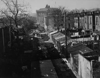 View of alley in Northwest Washington, behind North Capitol Street. Blake School in background