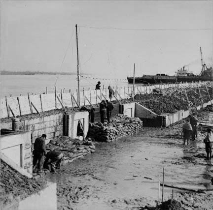 Piling sandbags along the levee during the height of the flood. Cairo, Illinois