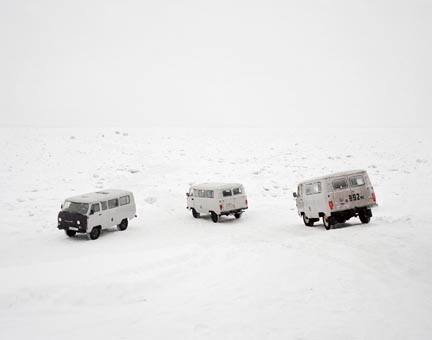 Taxis cross the frozen Lena River, Yakutsk