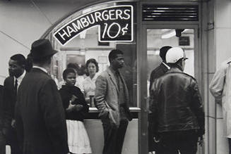 Outside, Lester MacKinney, Bernice Reagon, and John O'Neal wait to get in [a Nashville Tic Toc restaurant]