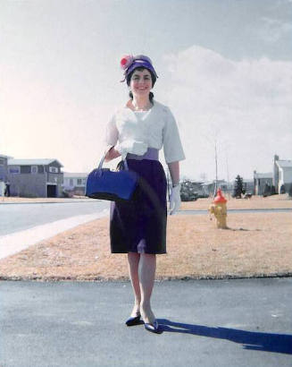 Ever stylish, Florence waits in front of our new house in Deerfield, for a lady friend to transport her to a Human Rights lunch. She and I handled the PR for Deerfield’s  Citizens for Human Rights in the 1959 fight to permit African-Americans to buy houses in Deerfield.