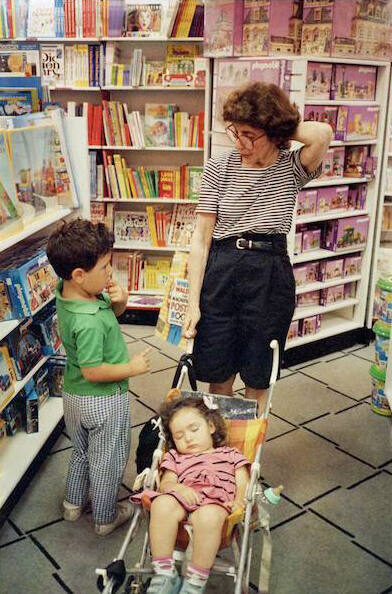 Florence getting away from her own rare book store problems takes her grandkids Carter and the sleeping Celeste shopping in Northbrook Court. Carter, today, is a California environmentalist and Celeste is an assistant producer for the Rachel Maddow TV show in New York City.