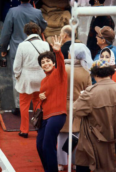 Florence boards the paddlewheel Delta Queen Mississippi River boat in St. Louis to help me on a three day story.