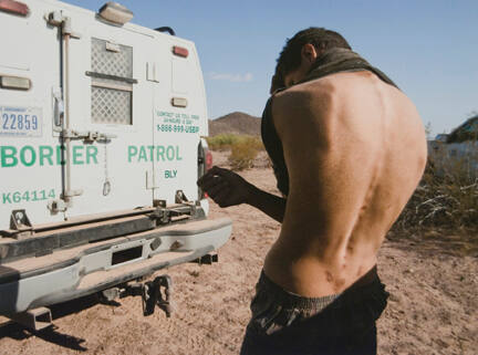 Young Man with Backpack Scars, Arizona, from the "Working the Line" series