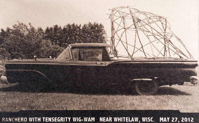 Ranchero with Tensegrity wig-wam near Whitelaw, Wisc. May 27, 2012, from the "Real Photo Postcards of People & Places" series