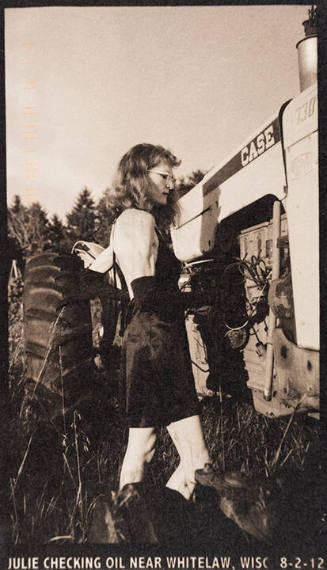 Julie checking oil near Whitelaw, Wisc 8-2-12, from the "Real Photo Postcards of People & Places" series