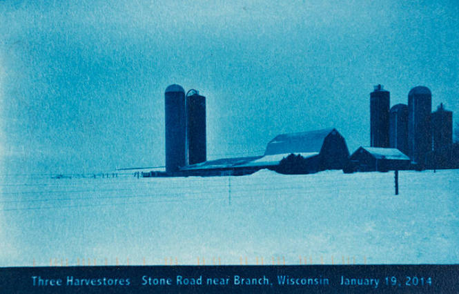 Three Harvestores Stone Road near Branch, Wisconsin January 19, 2014, from the "Real Photo Postcards of People & Places" series