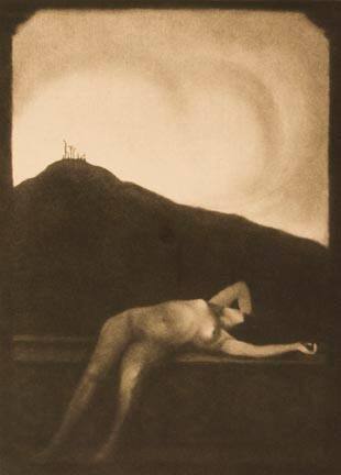 Untitled (nude reclined on ledge, crucifix hill background)