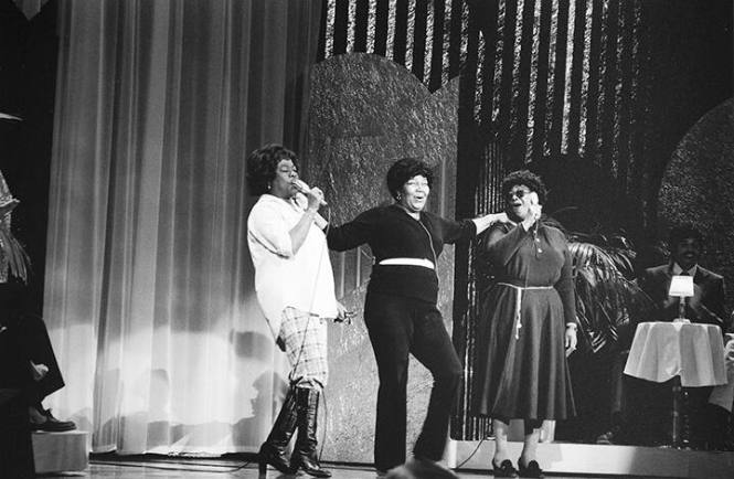 Sarah Vaughan, Pearl Bailey, and Ella Fitzgerald, Pearl Bailey TV Special rehearsal, Pasadena, CA