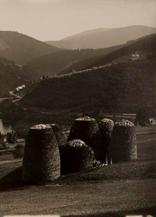 Untitled (countryside, hills in background, cluster of structures in foreground)