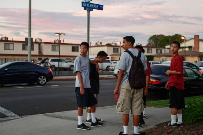 Kids hanging out on Newmark Ave., Monterey Park, from the "Suburban Chinatown" series